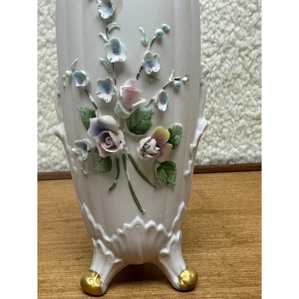 Porcelain Footed Vase Floral Applique Gold Trim Capodimonte Style Vintage 3D